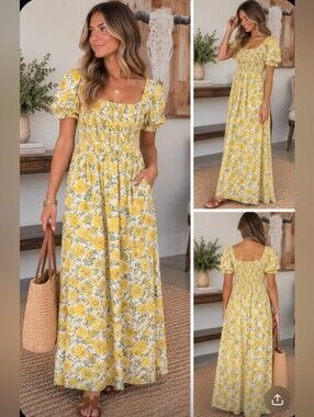 Eddy Sunny Yellow Floral Smocked Maxi Dress with Puff Sleeves